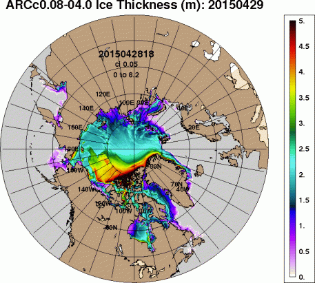 Seaice thickness April 29 arcticictnowcast